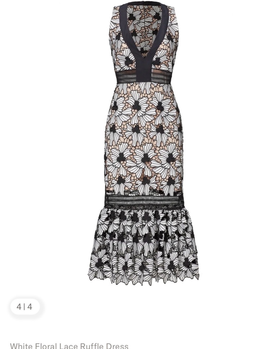 Nicole Miller Black, White & Tan Floral Lace-Trim Midi Dress